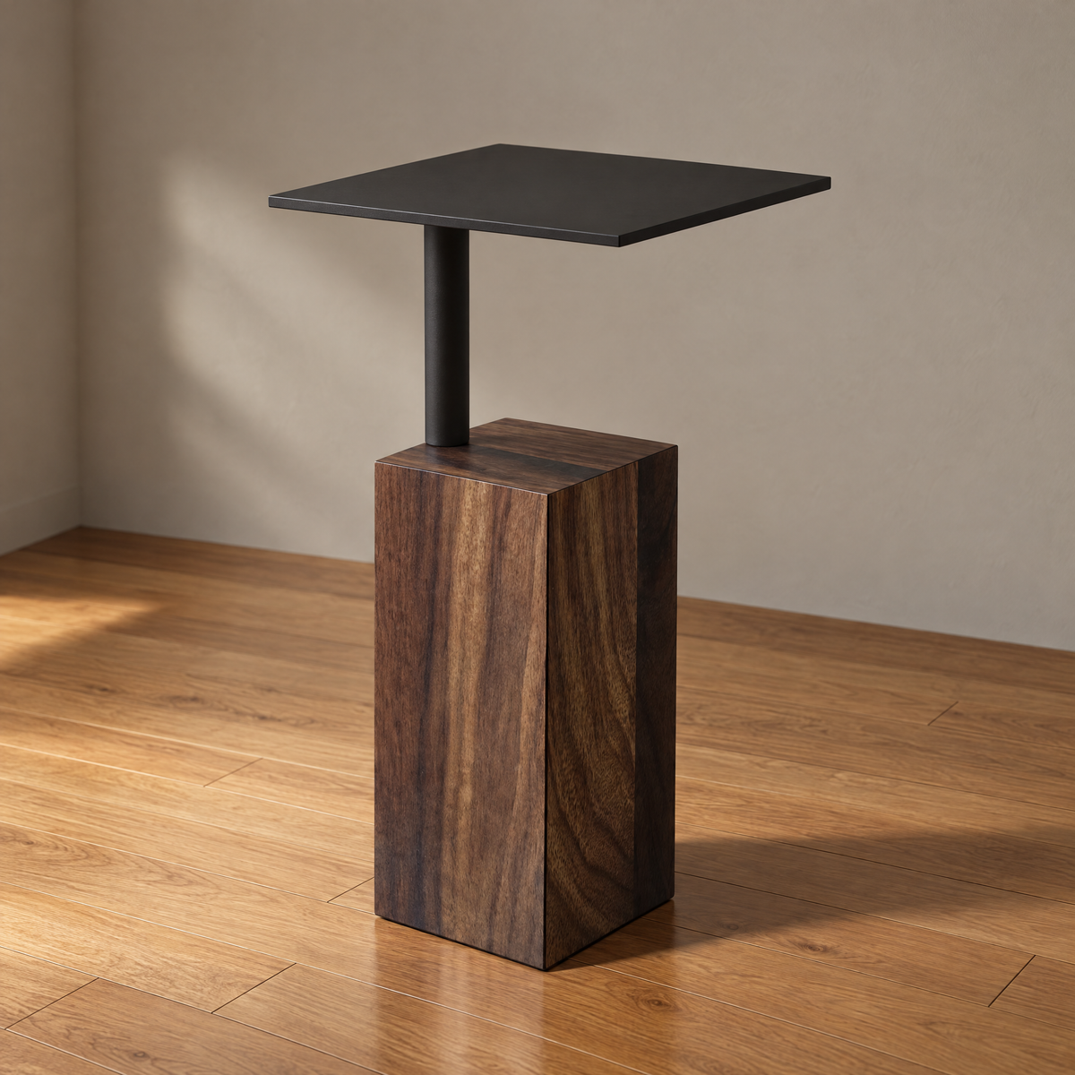 Cyrus Drink Table in sable walnut with a matte black top plate and stem