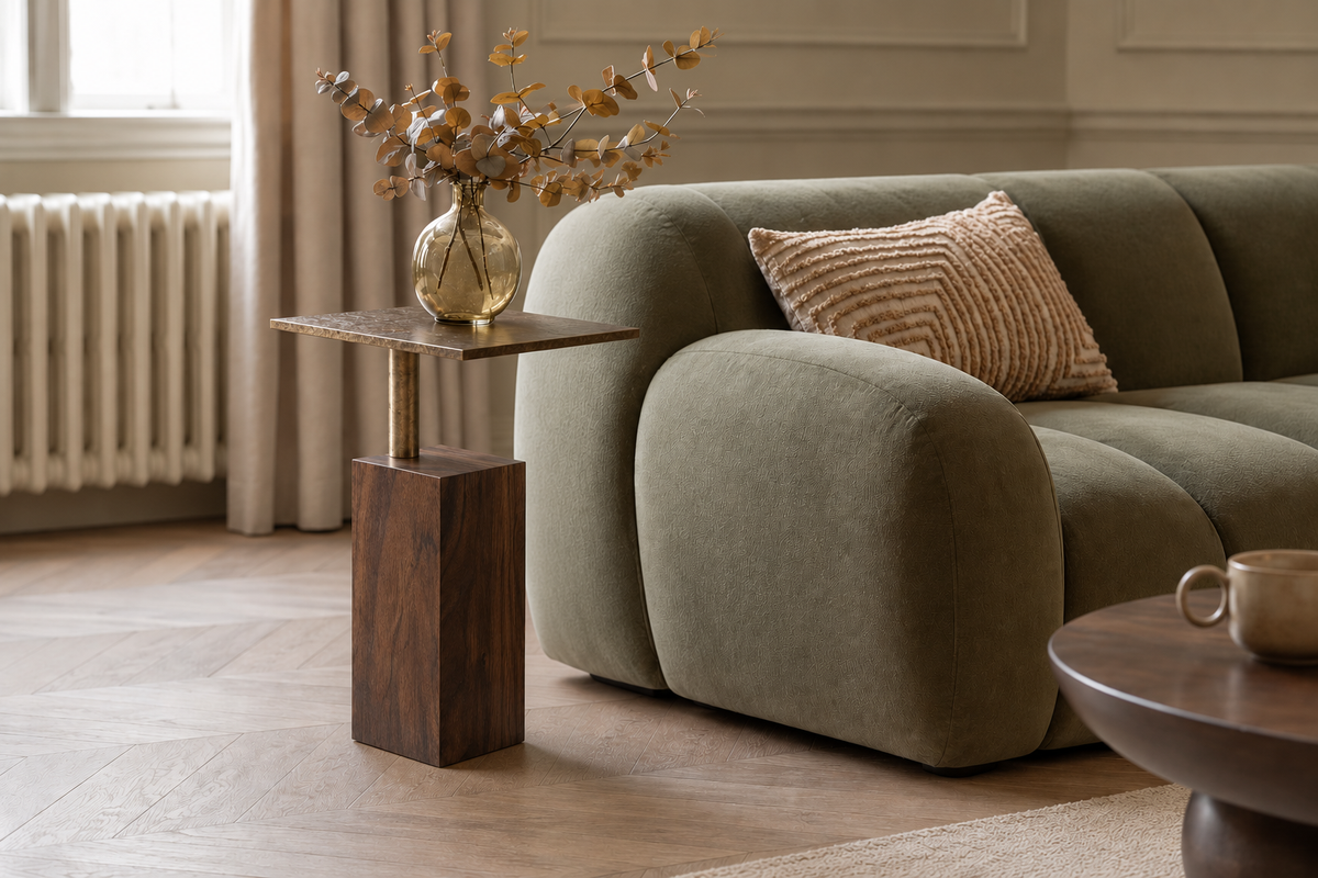 Cyrus Drink Table styled beside an olive sofa with a vase of dried eucalyptus on the brass top