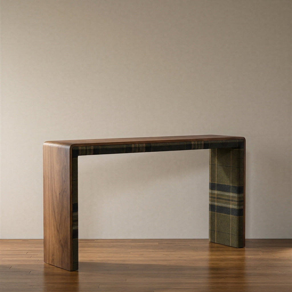 Edison Console Table - detail of Sommerset Plaid Loden fabric inlay