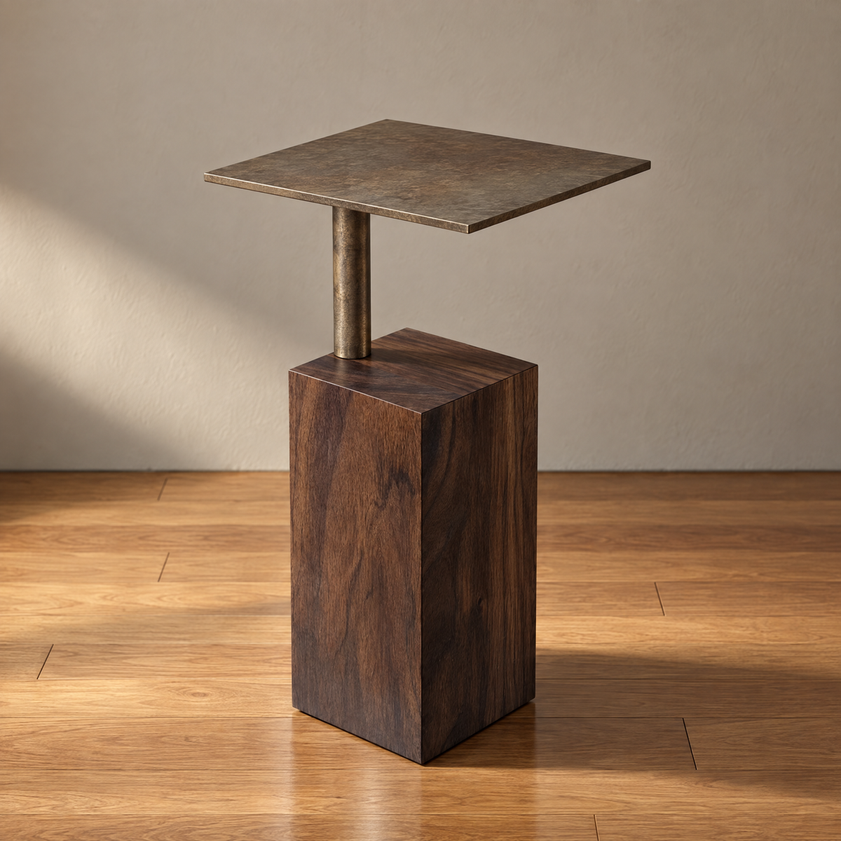 Cyrus Drink Table in sable walnut with an antiqued brass top plate and stem, shown from the back where the rod drops into a routed channel