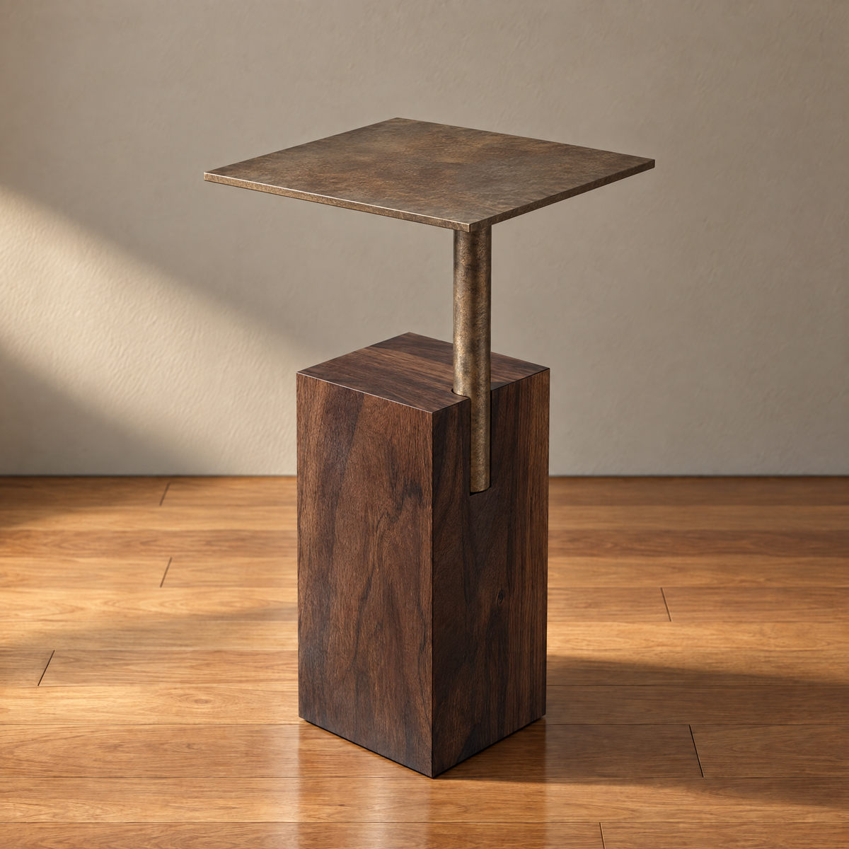Cyrus Drink Table in sable walnut with an antiqued brass top plate, front view with the stem rising clean from the block