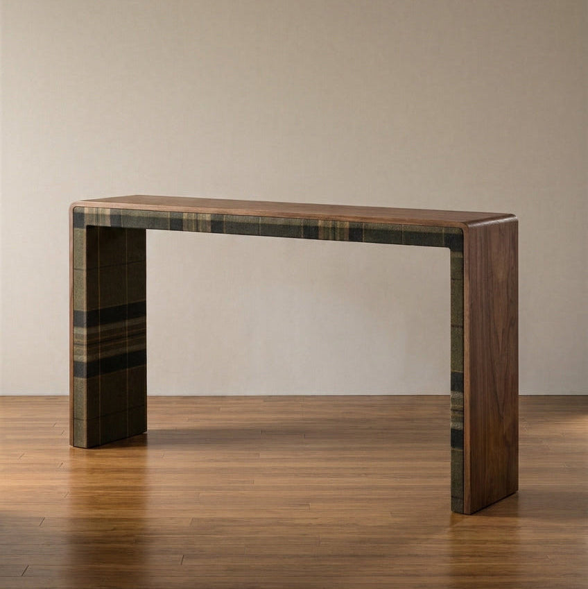 Edison Console Table - solid walnut waterfall console with fabric inlay detail